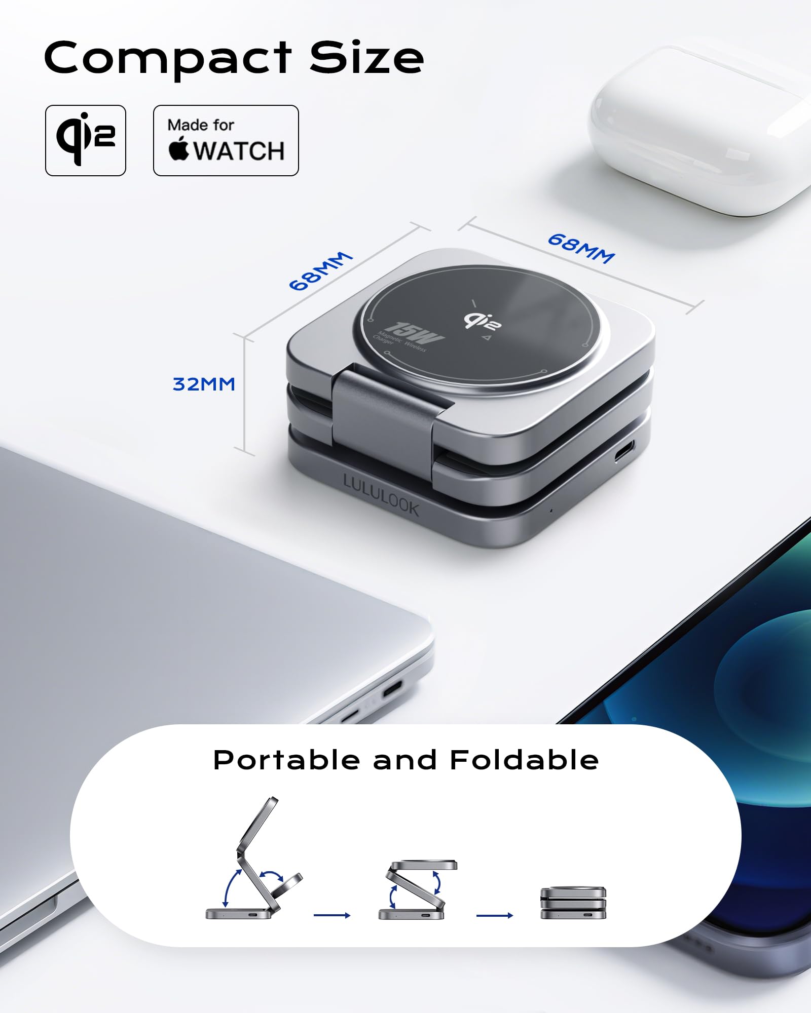 [MFi] Qi2 stacja ładująca 3 w 1, Apple z Made for Watch, podróżna składana, 15 W, MagSafe stacja ładująca do iPhone 17 Pro Max / 17 Air/17 Pro/17, 5 W ładowarka do zegarka Apple Watch Ultra 3, AirPods