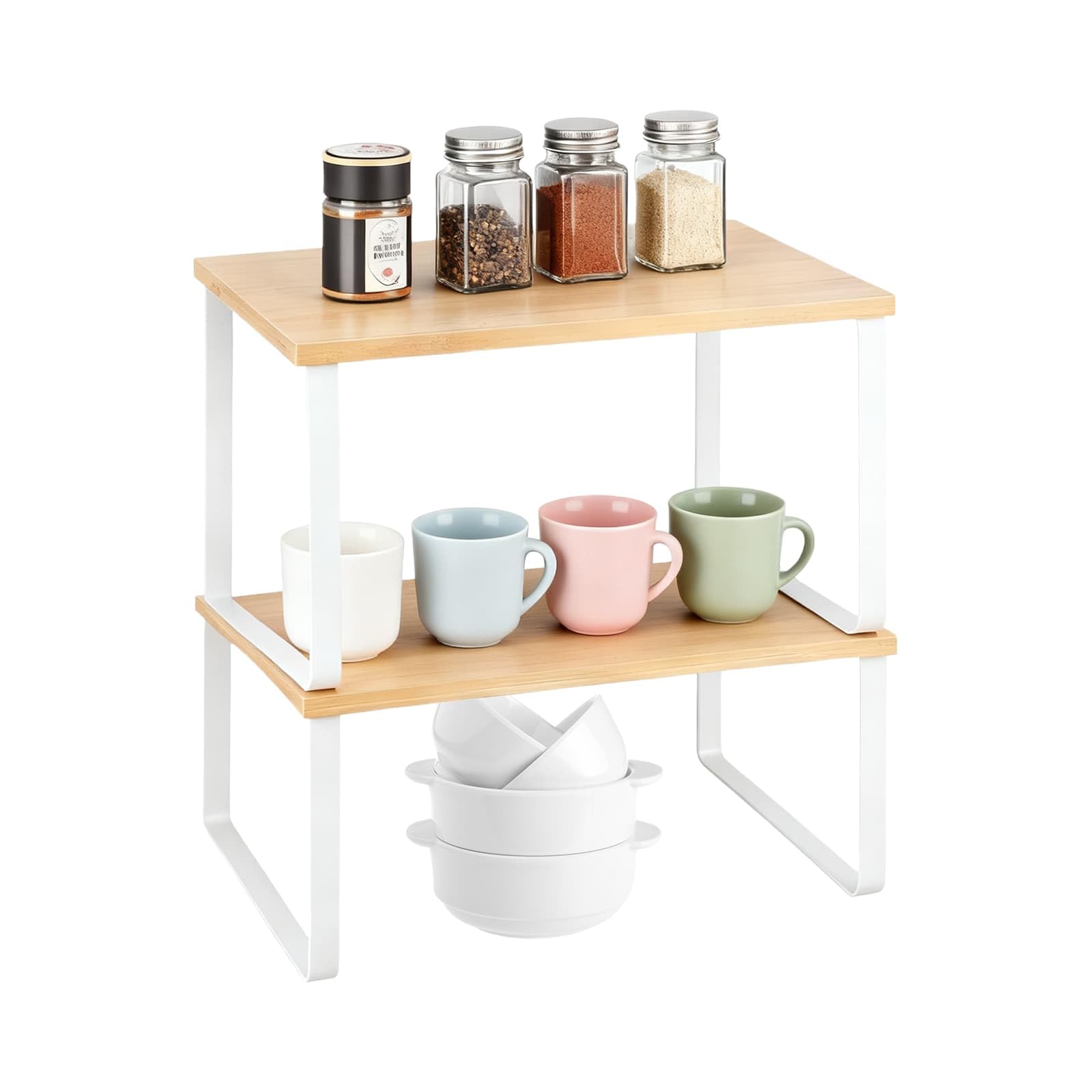 Weeloo Brown Set Of 2 Wood & Metal Spice Rack, Stackable Kitchen Cupboard Organiser, Expandable Spice Holder, Cupboard Storage Rack For Countertop, Pantry, Space-Saving (Brown)