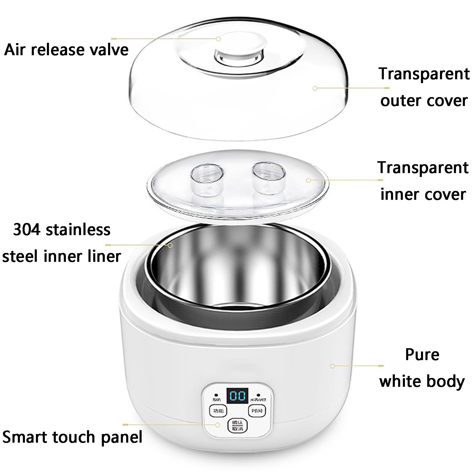 Yaourtière 3 en 1, Yaourtière Électrique, Cuve en Acier Inoxydable 304, avec Écran D'affichage Intelligent, Idéale pour Les Personnes Soucieuses de Leur Santé