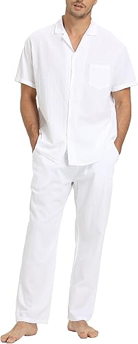 RPOVIG Conjunto de camisa de lino conjunto de 2 piezas de lino para hombre, camisas de manga corta, pantalones de yoga, trajes de playa y boda