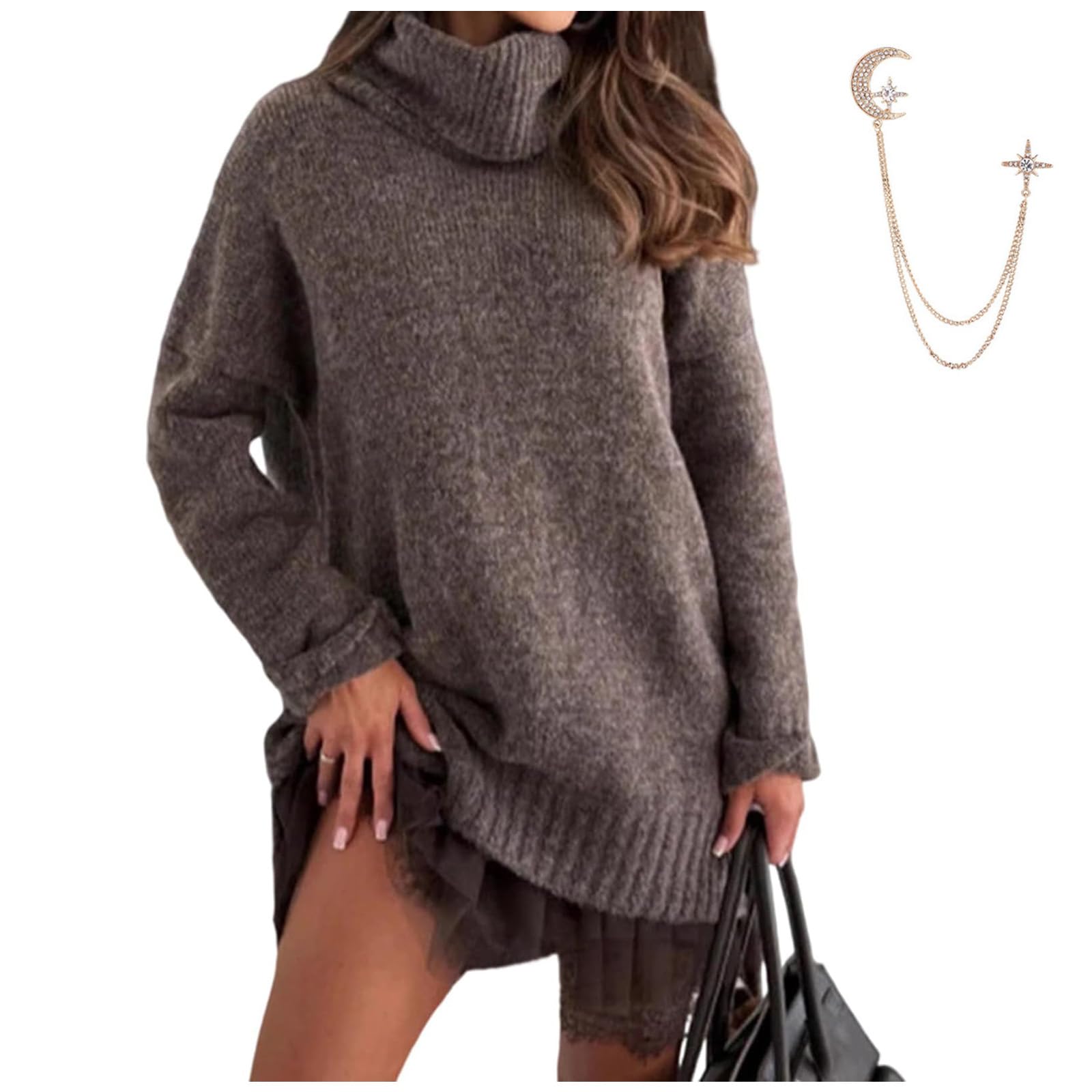Womens Turtleneck Sweater Mini Dress Set 2026 Autumn Winter Solid Color Loose Top with Elegant Lace-Trim Slip Dress