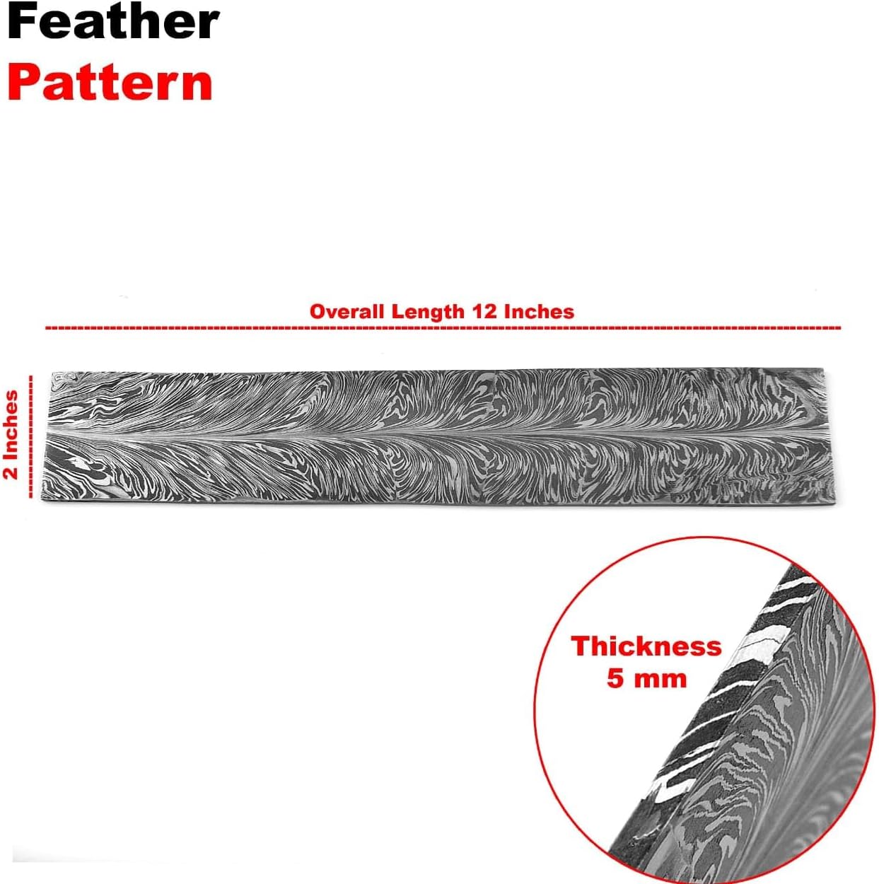 Nesmo 520 Damascus Steel Blank Billet Feather Patern Bar Stock for knife making Hand Forged 12 Inches, Gray