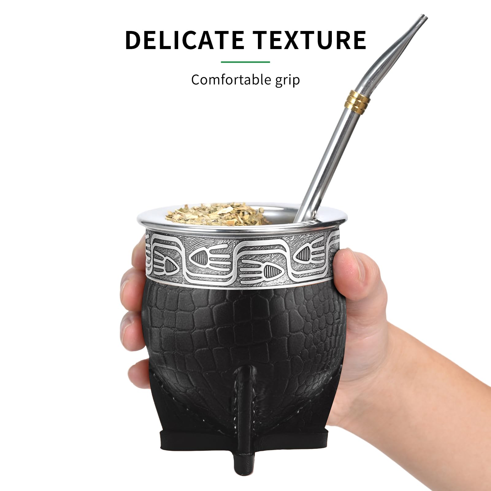 Imperial Mate - Set zucca con bombilla, tazza da tè Yerba Mate, cannuccia e spazzola per la pulizia inclusi, Guarda Rupestre - Fish Style (nero)