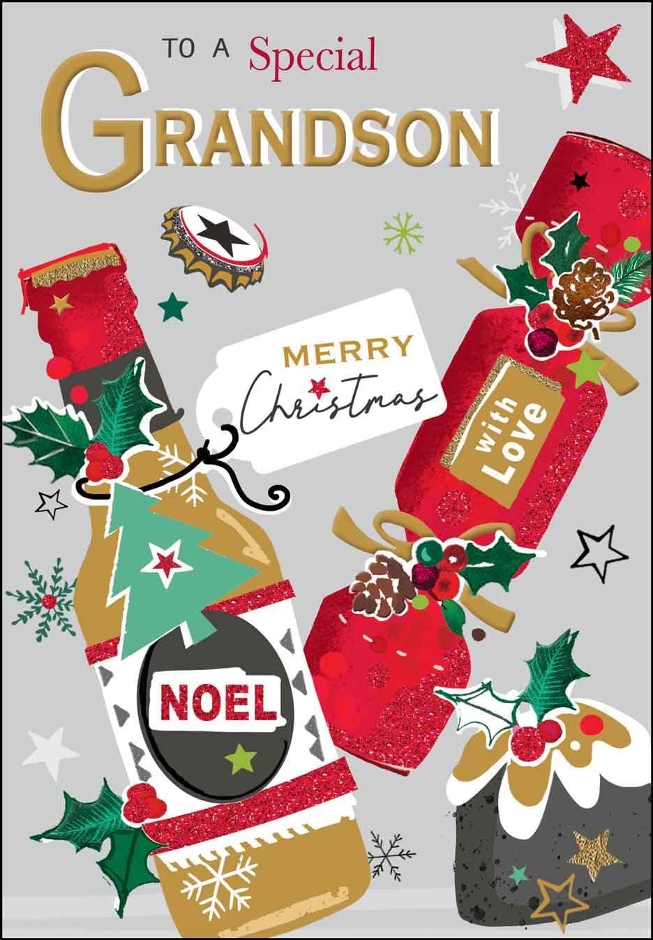 Weihnachtskarte "To A Special Grandson" Mit Bierflasche Design - 135x230 Mm, Goldgeprägt