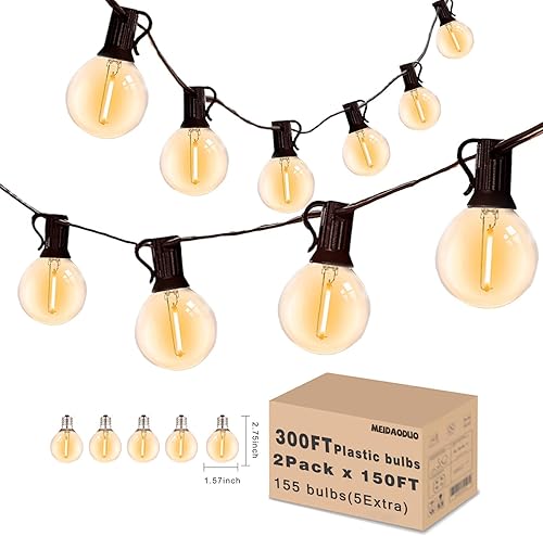 MEIDAODUO Guirnalda de luces LED G40 impermeables para exteriores, 300 pies, con 155 bombillas de plástico inastillables, luces de patio para