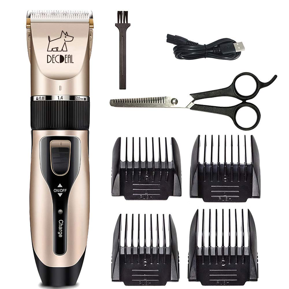 Dog Grooming Clipper, Dog Clipper, Low Noise USB Rechargeable Electric Pet Clipper for Pet Cats with 4 Clipper Combs, Stainless Steel Scissor, and Cleaning Brush