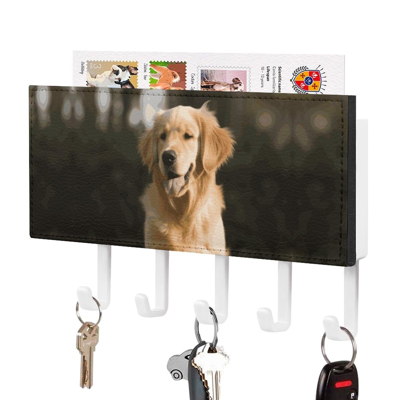 DWVTSLH Golden Retriever Dog Key Holder for Wall, Decorative Key Hooks with Mail Organizer & 5 Hooks, Self Adhesive Leather Key Hanger for Entryway, Wall Mounted Key Rack (7.1” X 4.3” X 0.9”)