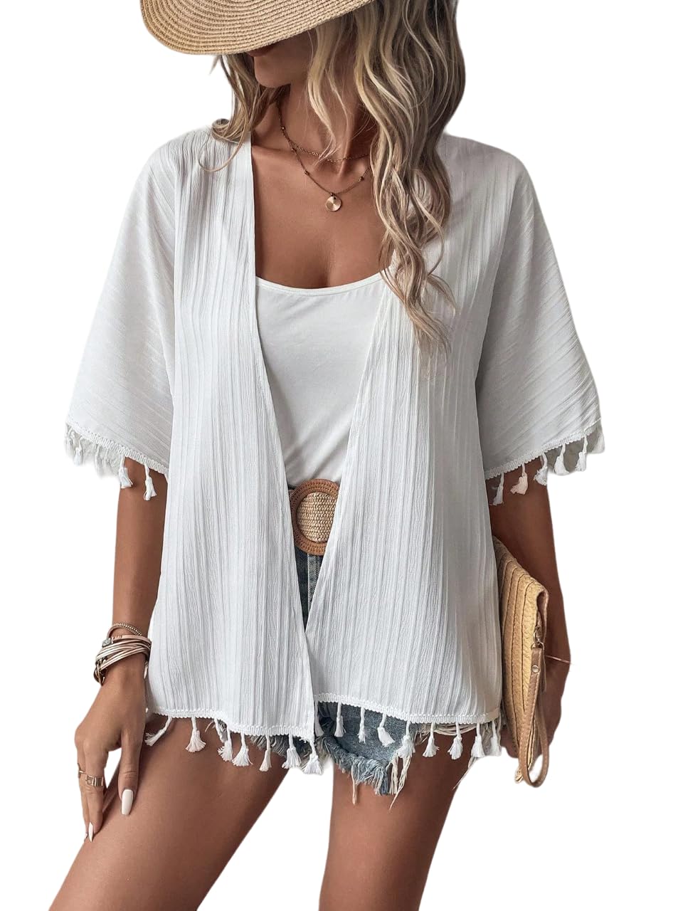 Women's Georgette Flower Print Shrugs with Lace Foldable Sleeve (XX-Large, White)-image-35
