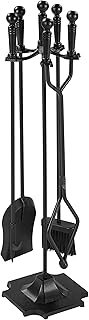 Yaheetech Set Attrezzi per Camino 5 Pezzi da Caminetto con Attizzatoio/Pinza/Paletta/Scopa/Base in Metallo Acciaio per Interno/Esterno 81cm Nero