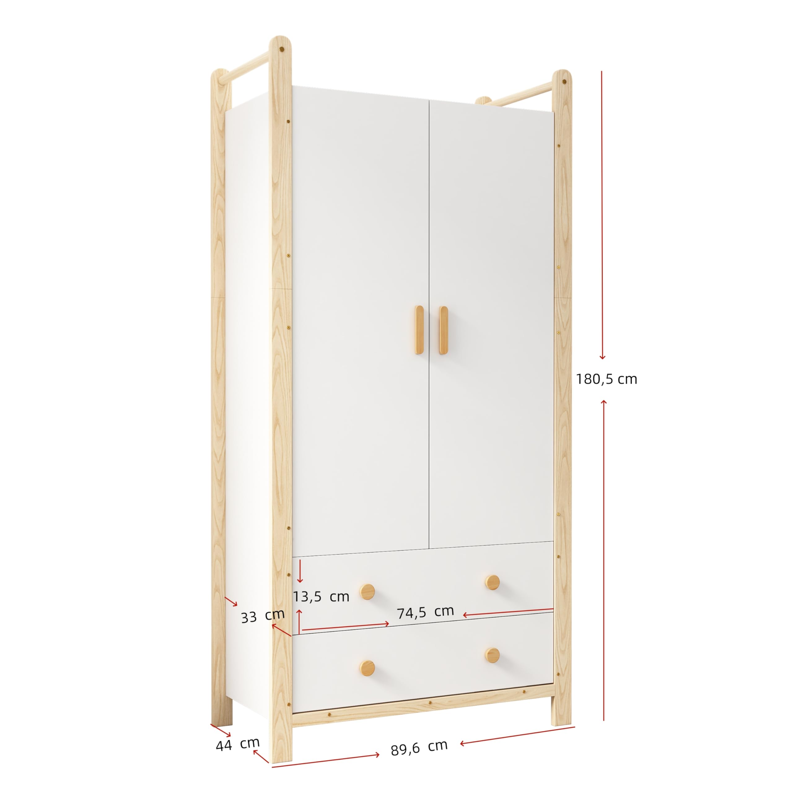BTM Kleiderschrank 2 Türig mit Schubladen Kinderzimmer Kleiderschrank mit Stange Schlafzimmerschrank Flurgarderobe Weiß