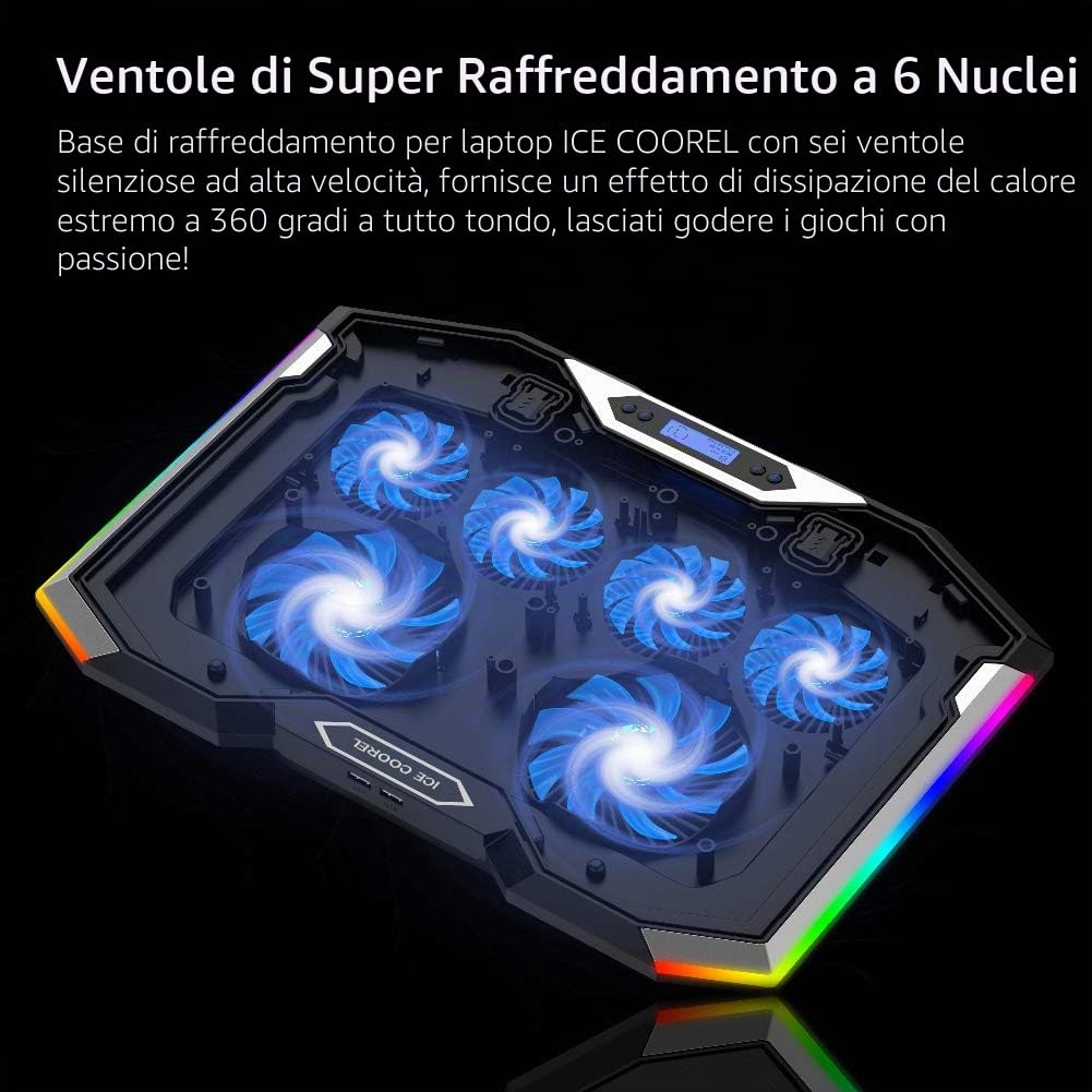 ICE COOREL Gaming Laptop Cooling Pad 15-17.3 pollici, ventola per laptop con 6 ventole di raffreddamento RGB, supporto di raffreddamento per laptop con 6 altezze regolabili, dispositivo di