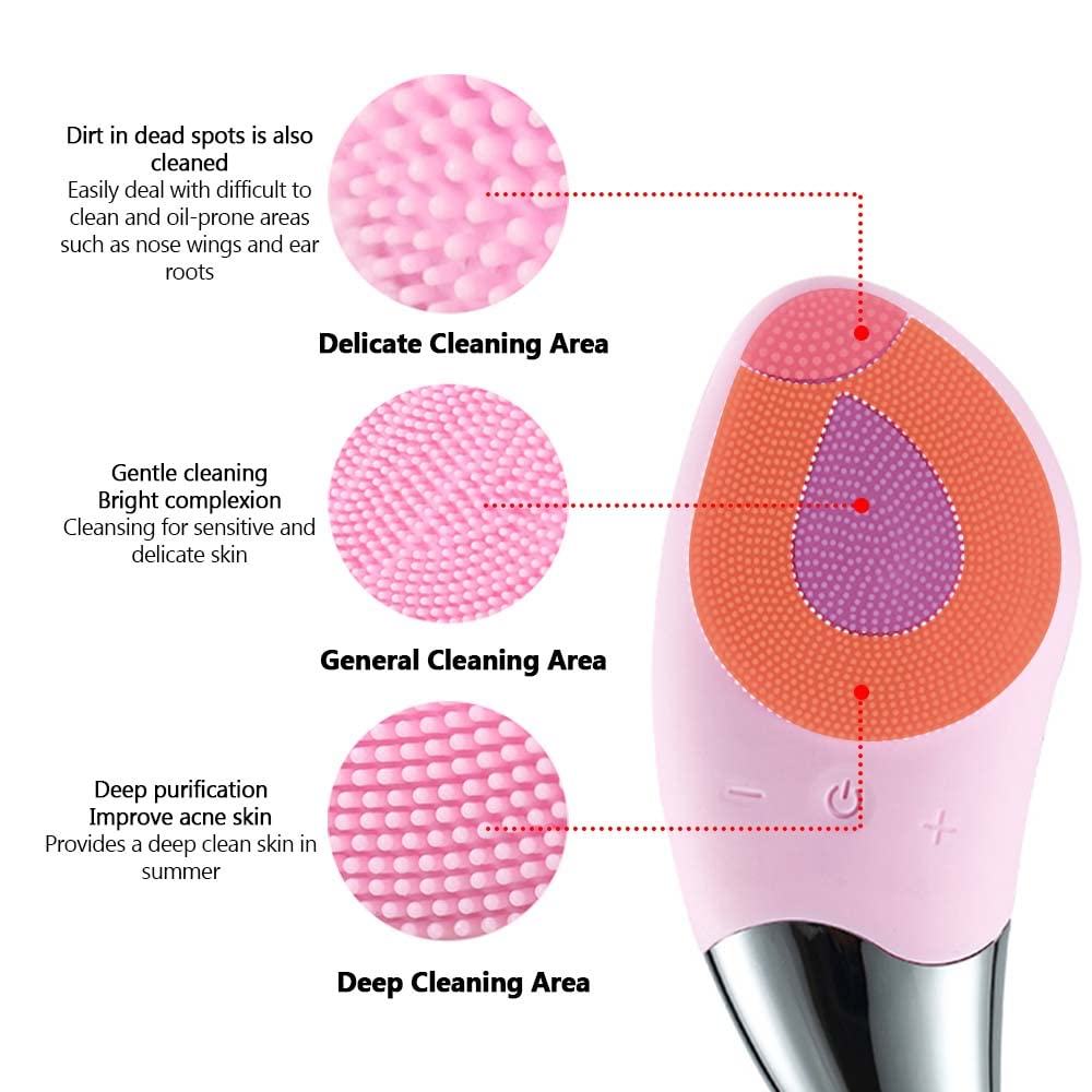 OWYELO Spazzola Pulizia Viso in Silicone, Massaggiatore Viso e Occhi Anti-età, Detergente Viso Professionale, Scrub Viso, Impermeabile, Elettrica, Ricaricabile USB, 6 Modalità Regolabili, Rosa