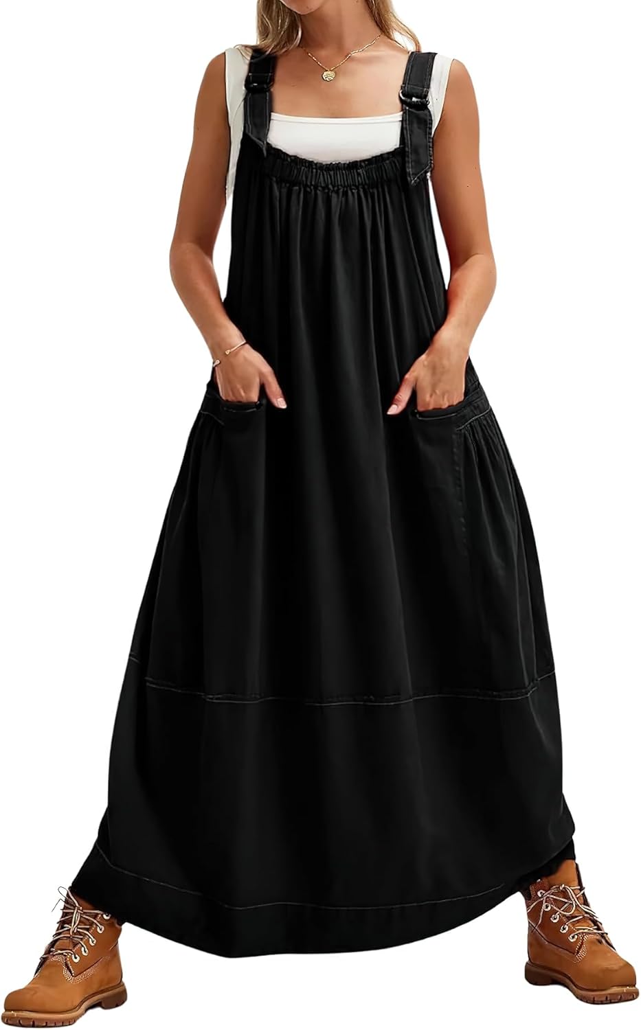 chouyatou Women's Cargo Overall Dress Sleeveless Adjustable Strap Safari Maxi Jumper Dress with Pockets