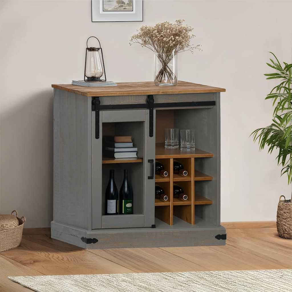 Credenza Halden in legno massello di pino grigio, 80 x 40 x 80 cm | Mobiletto compatto con anta scorrevole e 9 ripiani per vino in legno massello di pino per corridoio, cucina e soggiorno.