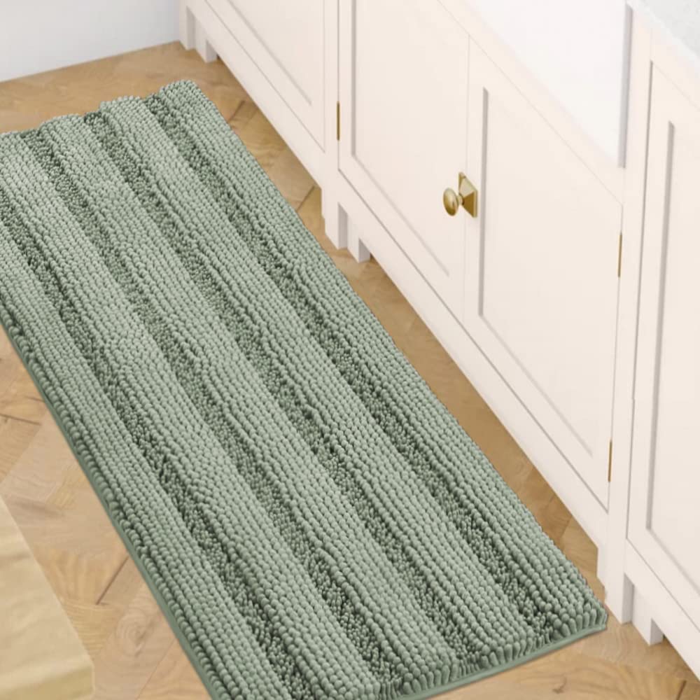 Bath Rugs for Bathroom Non Slip Bath Mats Extra Thick Chenille Striped Bath Rug Runners 47" x 17" Absorbent Fluffy Soft Shaggy Mats Dry Fast Plush Area Carpet for Bath Room - Sage