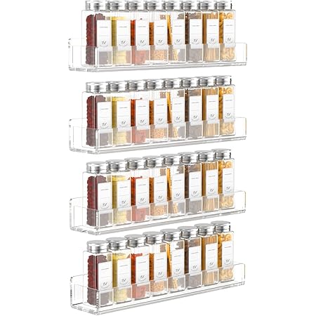 FEMELI Acrylic Spice Rack Wall Mount 15 Inch, 4 Packs Of Hanging Spice Rack Shelf for Cabinets Cupboard Or Pantry Door, Wall Spice Rack Organizer for Kitchen