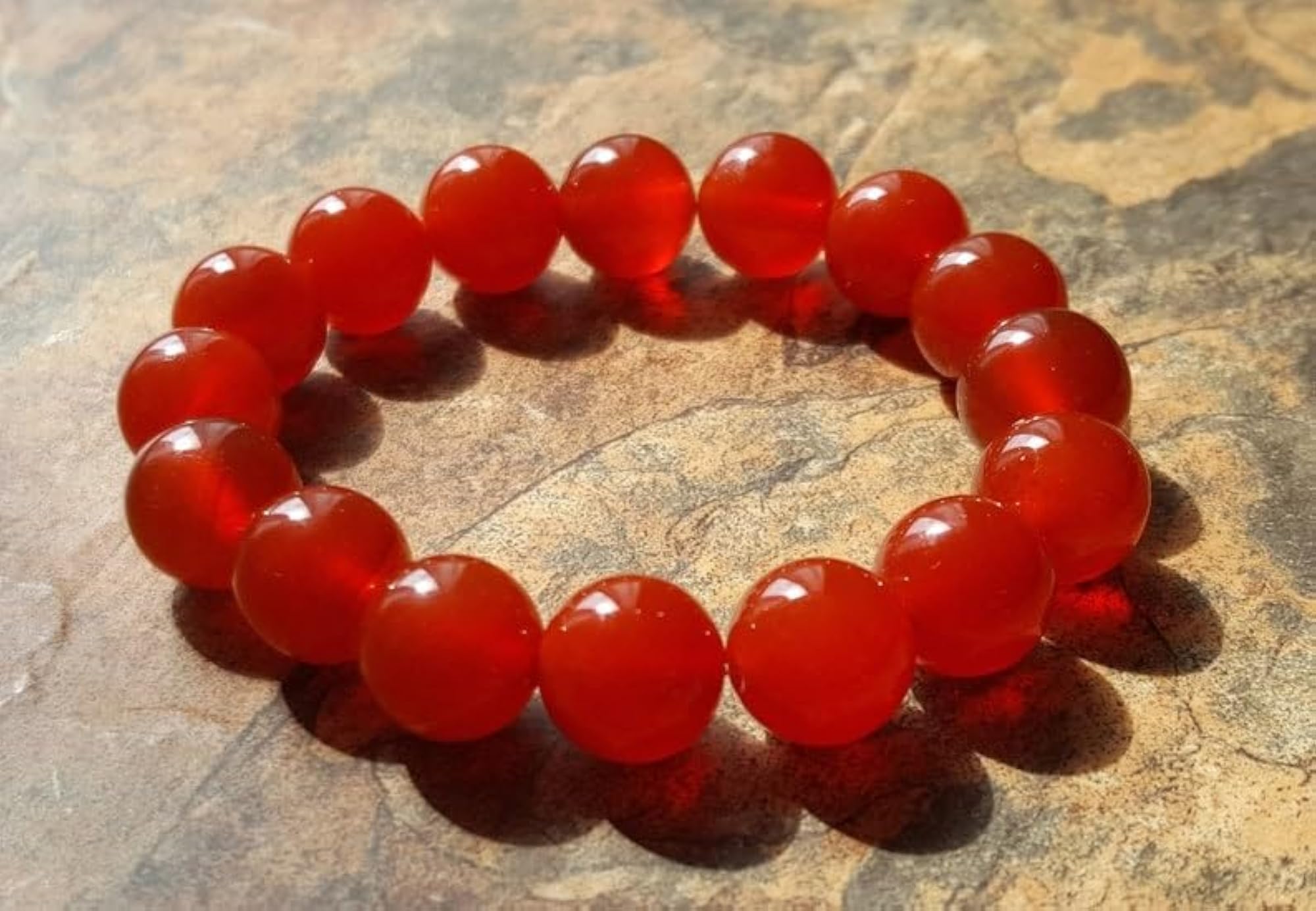Unisex Natural Carnelian 12mm Round Bead Stretchable Bracelet
