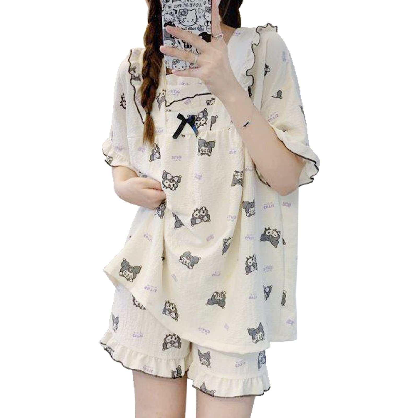 Oxsioeih Kawaii Pajamas For Women Two-Piece Set Cute Cartoon Girls Pajamas Pants Cardigan Sleepwear Home Clothes: Medium Krm Beige