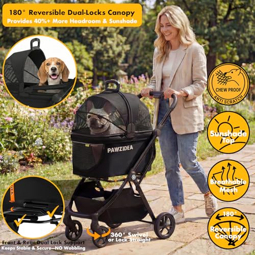 Image of PAWZIDEA 4-in-1 Pet Stroller for Small Medium Dogs & Cats, Foldable Dog Stroller with Detachable Carrier, Escape-Proof No-Zip Canopy, Lightweight Portable Travel Crate & Car Seat Combo, Storage Basket