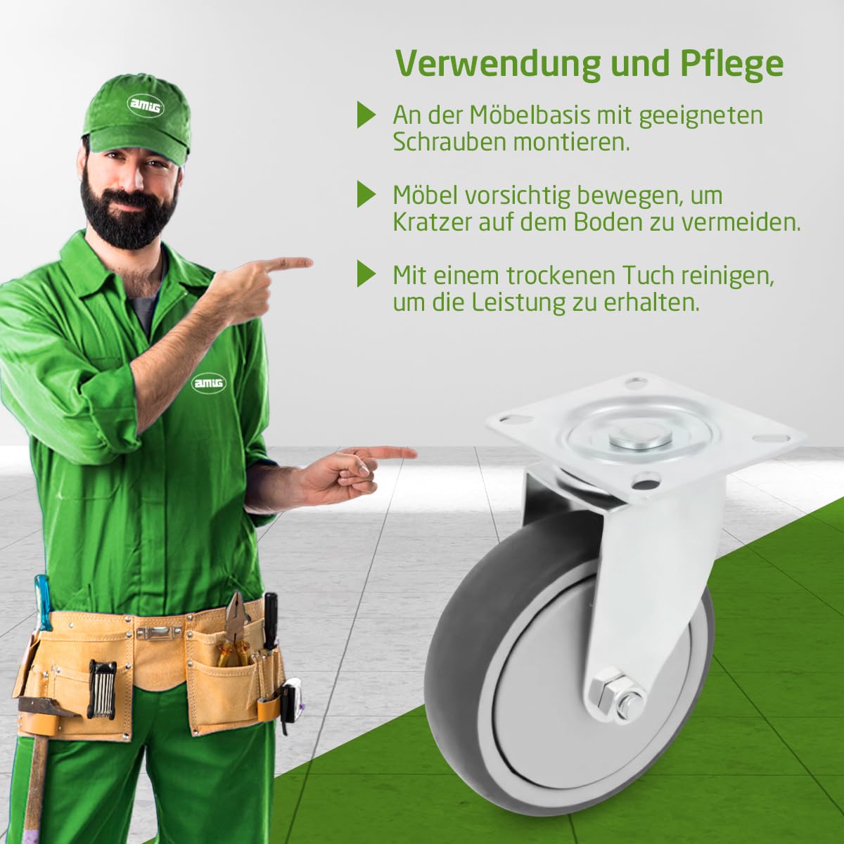 Amig - Set mit 4 Möbelrollen | Ø 100 mm | Drehbare Rollen mit Montageplatte | Maximale Belastung 110 kg | Zum Bewegen schwerer Möbel | Rollenlager | Kunststoffkern | Graues Gummi