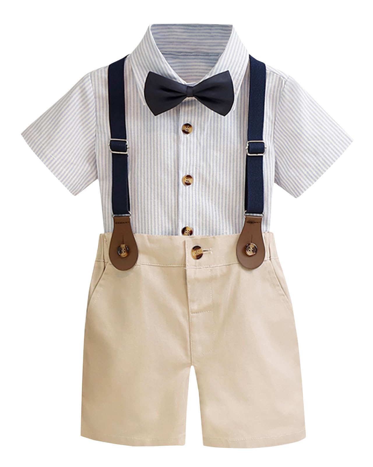 Conjunto de Boda Fiesta Ceremonia para Niños Camisa de Manga Corta con Pajarita + Pantalones Cortos/Pantalón con Tirantes 4 Piezas
