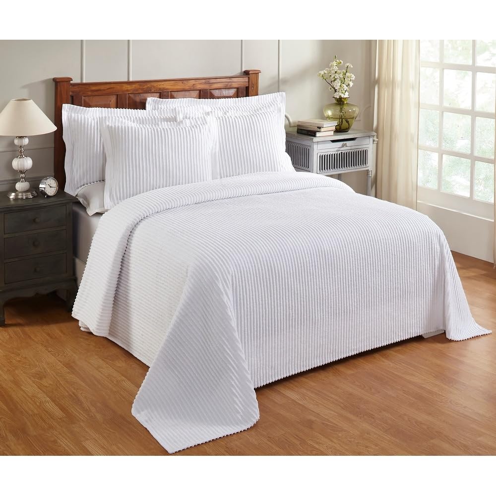 3 Piece Soft & Plush Chenille Tufted 100% Cotton Queen Quilt Bedspread | Bold Stripe Design in Pretty White Color | Luxurious All Seasons Machine Washable Aesthetic Bedding