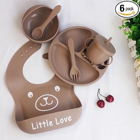 Little Love 6 Pcs Silicone Baby Feeding Set - BPA Free Baby Dinner Set, Feeding Set for Baby 6+ Months, Baby Weaning Set, Baby Suction Plate and Spoon Cutlery Set, Silicone bib and Bowl