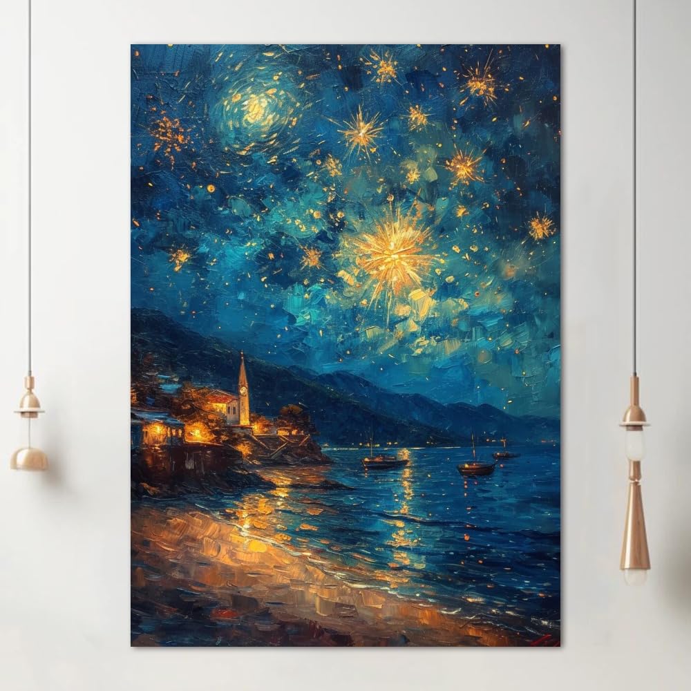 awitufhgp Monet Style City By The Sea Under The Night Sky Poster Canvas Wall Art for Home Decor, Landscapes Lovers Poster Wall Decor(30x40cm/12x16in(WxH)/No frame)