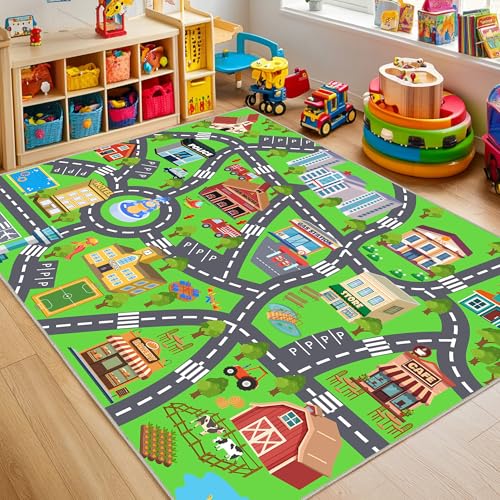 OHDS Kids Room Rug - Soft & Non-Slip 4x5 Ft Town Car Rugs City Map Play Mat, Childrens Road Carpet Washable Playmat for Classroom Nursery Bedroom Boys