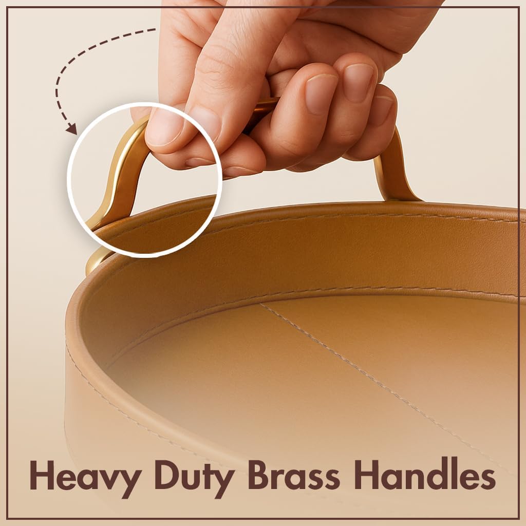 Stitched Round Leather Tray with Brass Handle Ideal for Serving Coffee Drinks Ottoman Tray for Office Home Kitchen Snack Counter Centerpiece Storage (Light Brown (14" x 14")) - Image 8