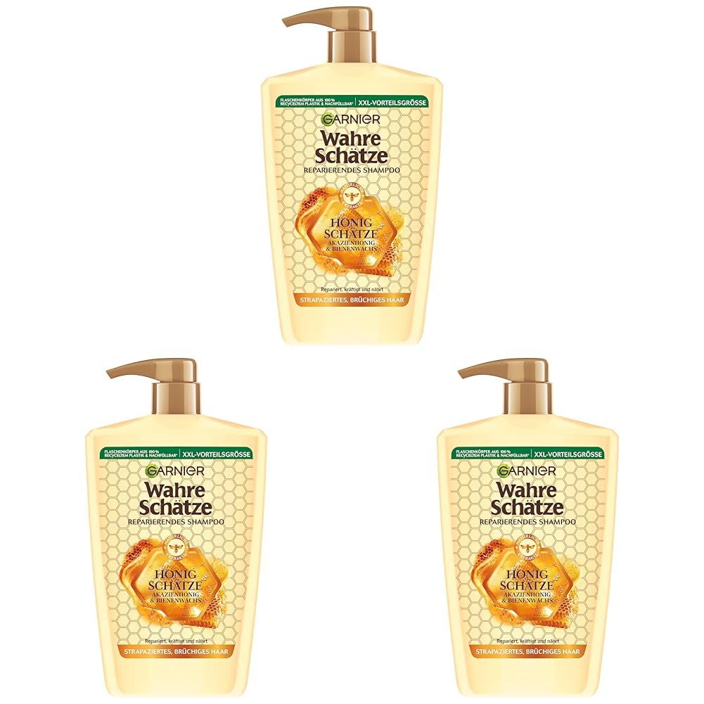 Garnier Wahre Schätze Reparierendes Shampoo Honig Schätze; XXL Format 1L, kräftigt und nährt strapaziertes und brüchiges Haar, 1000 ml (Packung mit 3)