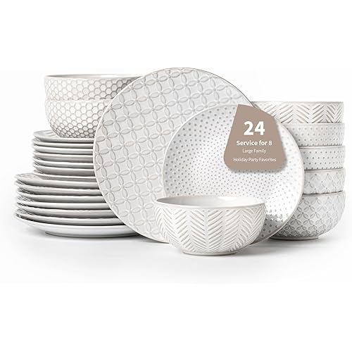 24 Piece Dinnerware Sets for 8, Premium Stoneware Plates and Bowls Sets, Microwave & Dishwasher Safe, Elegant Dishes for Entertaining & Special Occasions – A Stunning Gift for Large Families