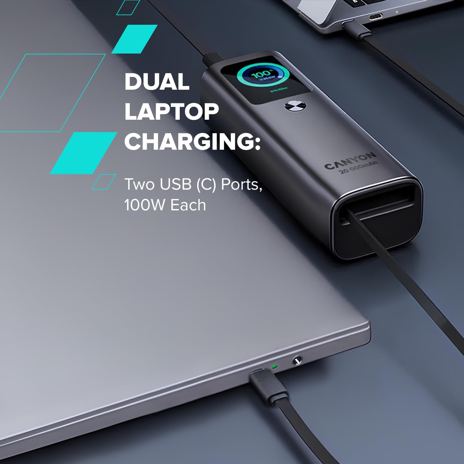 CANYON OnPower 265 Power Bank 20000 mAh 165 W, Dual 100 W USB-C, USB-A, cavo USB-C integrato da 60 cm, display TFT, approvato dalle compagnie aeree, grigio scuro
