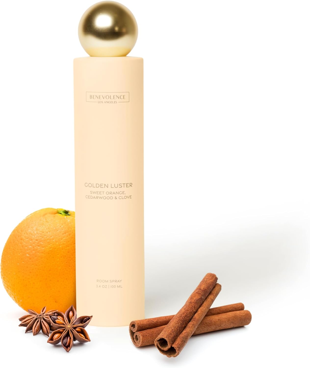 Benevolence La Golden Luster - 15oz Scented Candle and 3.4oz Room Spray Set | Orange, Cedarwood & Clove | Luxury Home Fragrance | Natural Wax, Linen Spray | Malibu Sands Collection