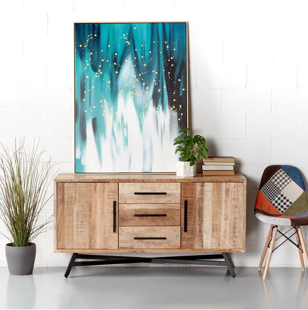 Furniselan Solid Mango Wood & Iron Sideboard And Cabinet | Wooden Side Borad Media Console TV Cabinet for Living Room | Free Standing Movable Tv Unit Stand Table with 3 Drawers & 2 Cabinet Storage Furniture For Dining Room Home | Natural Rough Finish-image-47