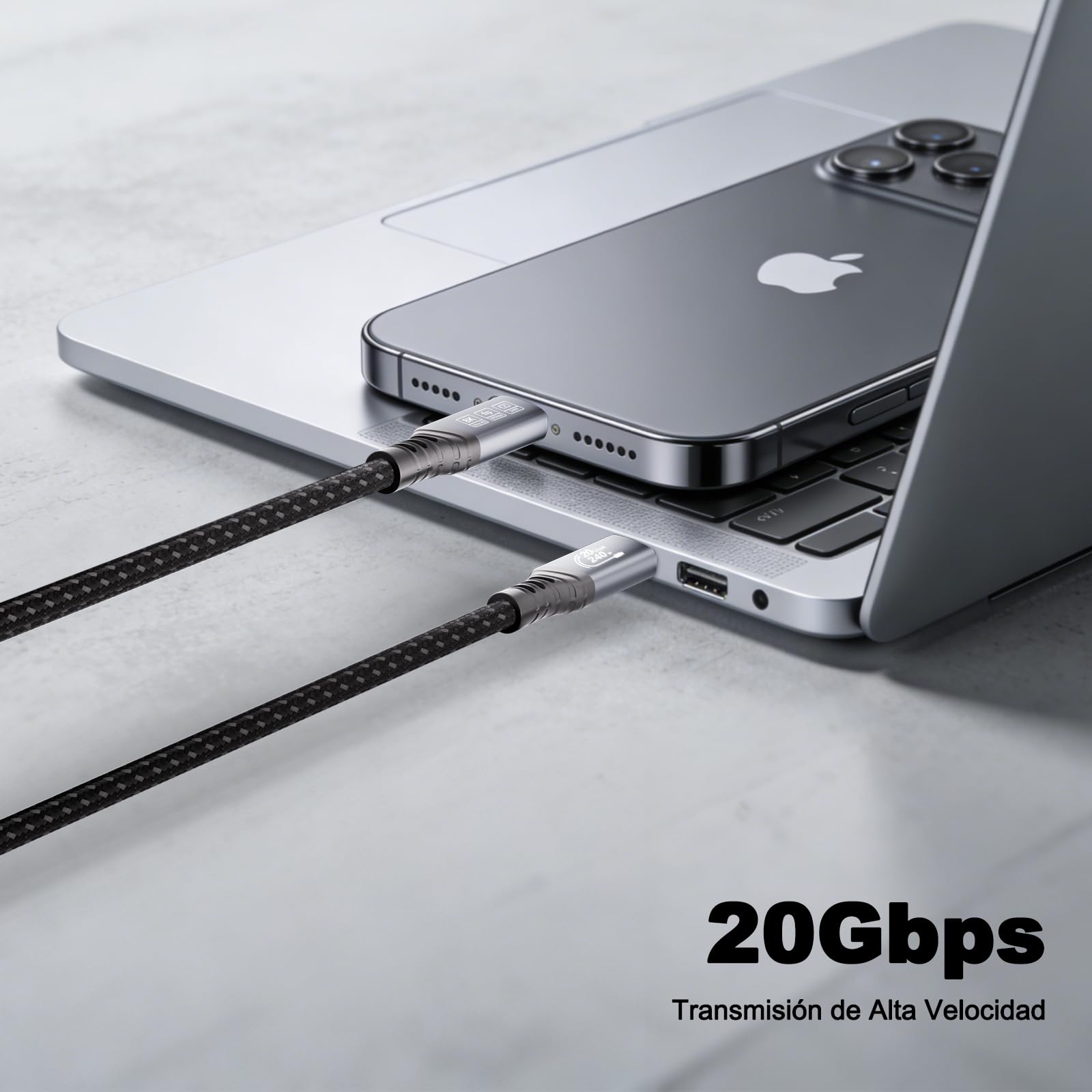 Cable USB C 1m (Cabo USB C 3.2 Gen 2×2, vídeo 8K@30Hz, 4K@144Hz/60Hz, carga rapida 240W/100W) Cable de datos USB tipo C de 20Gbps para Thunderbolt 4/3, MacBook, iPhone 17, SSD, Docking station — view 3