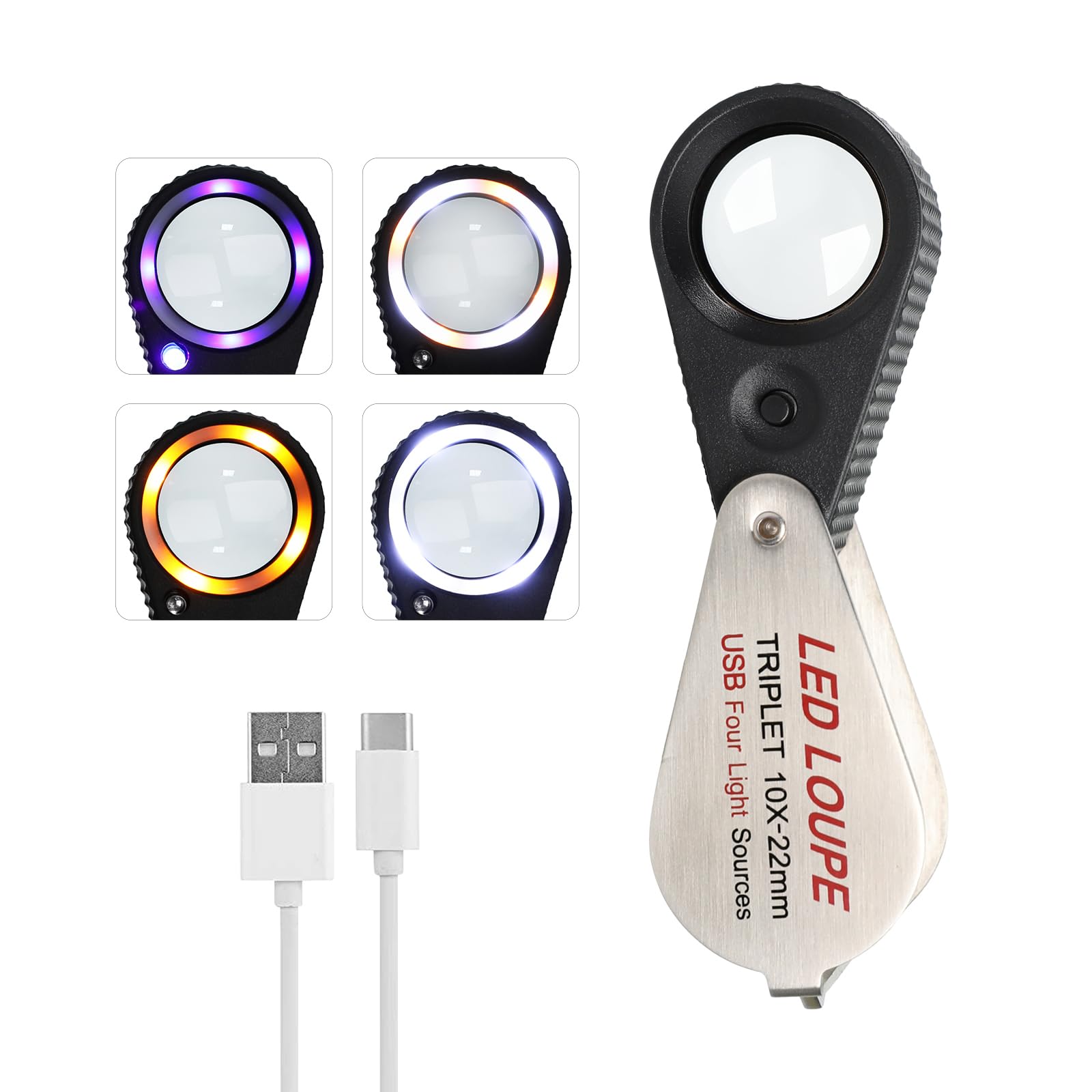 10X Triplet Magnifier Rechargeable LED Loupe with 22mm Lens, 4 Light Modes (UV/Warm/Natural/White) USB Type-C Charging, Foldable Stainless Steel Design for Jewelry, Watch, and Gem Inspection