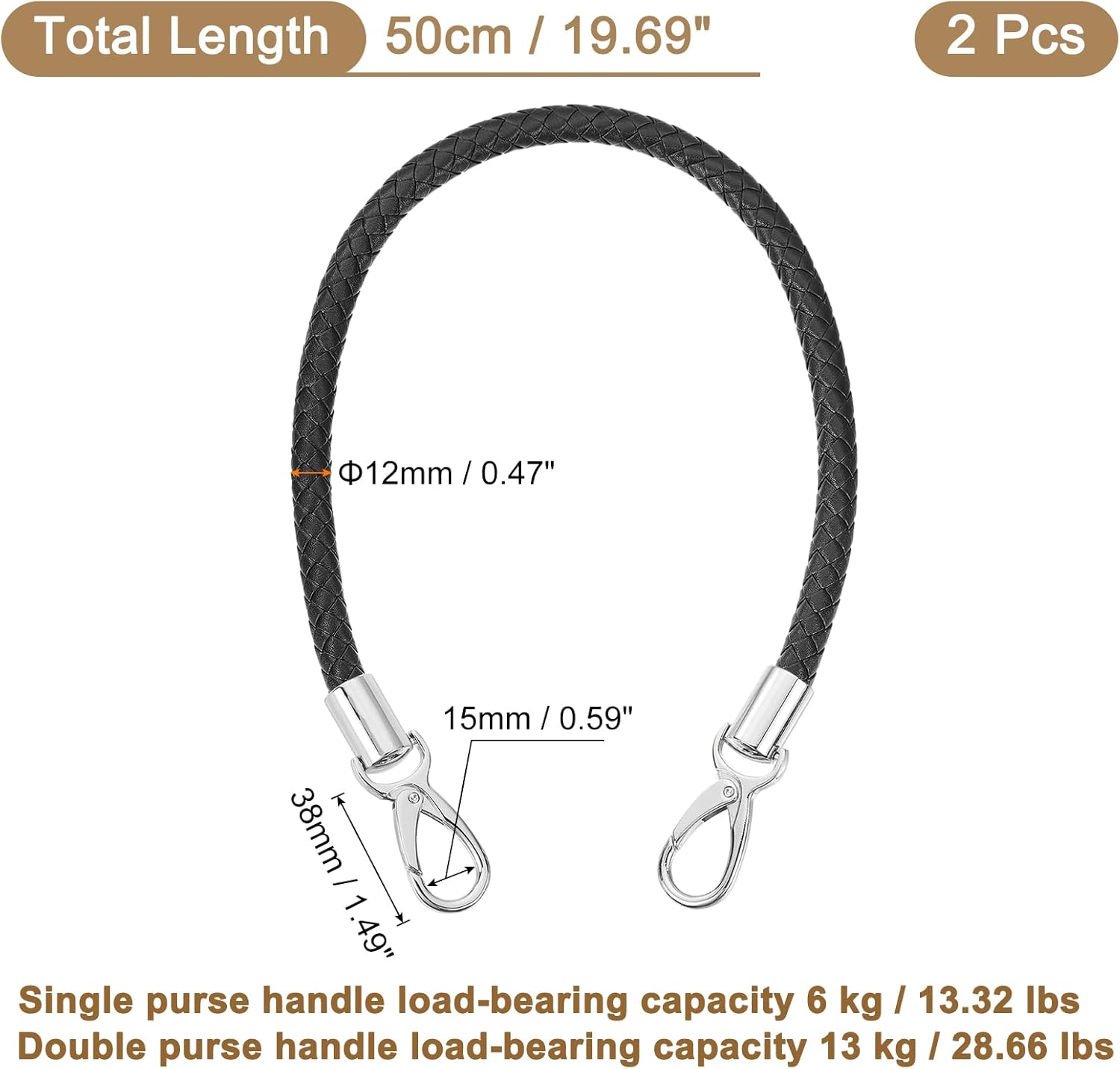 uxcell Leather Purse Strap, 2Pcs 50cm/19.69" Short Leather PU Braided Purse Replacement Handle with Metal Buckles for Underarm Bags, Handbags (Black Strap + Silver Clasp)