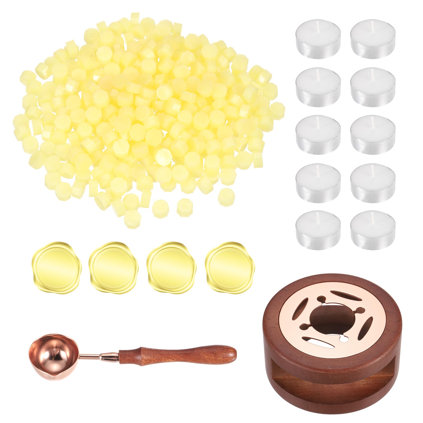 PATIKIL Wax Seal Kit, 300 Pcs Wax Sealing Beads, Wooden Warmer, Melted Spoon, 10 Pcs Tealight Candles for Envelope Letter Mailing Crafts DIY, Clear Yellow