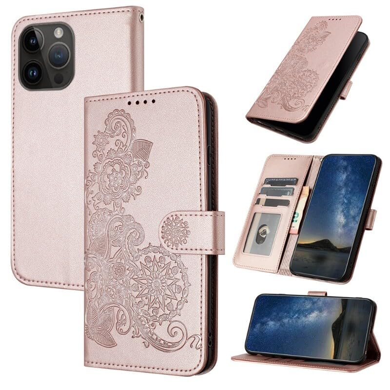 Étui iPhone 17 or rose : housse portefeuille en cuir avec motif arrière élégant
