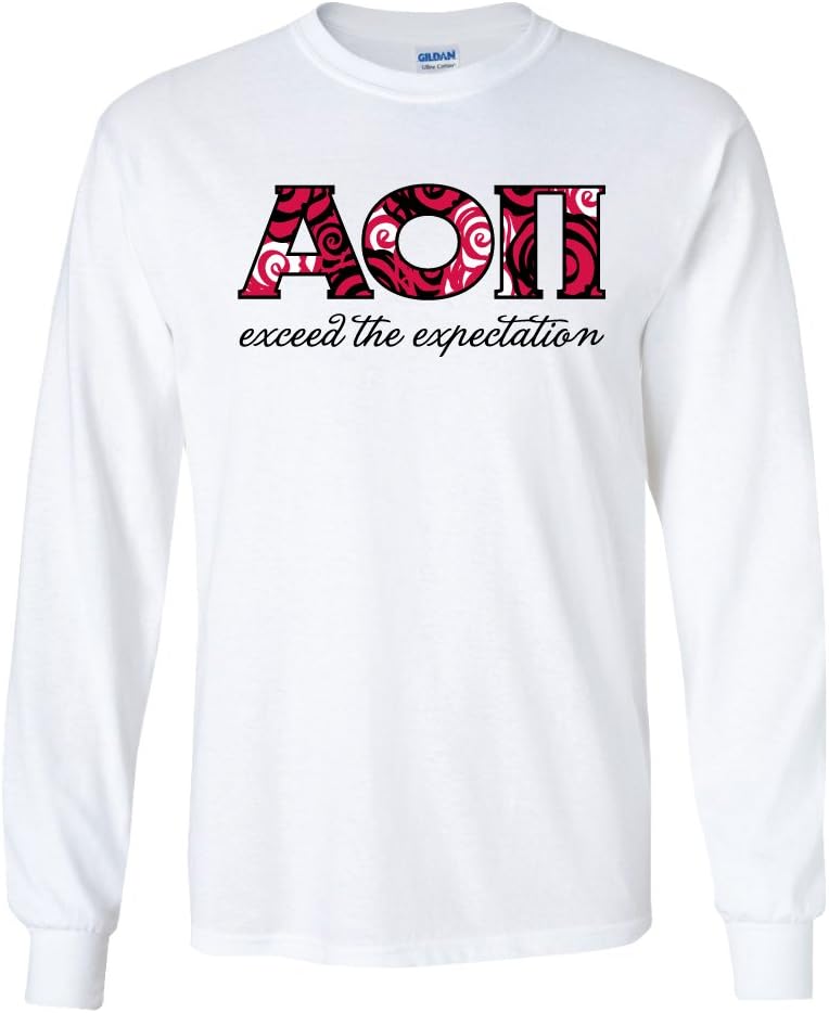 VictoryStore Apparel - Alpha Omicron Pi, Greek Letters with Rose Pattern Long Sleeve T-Shirt, Large, White