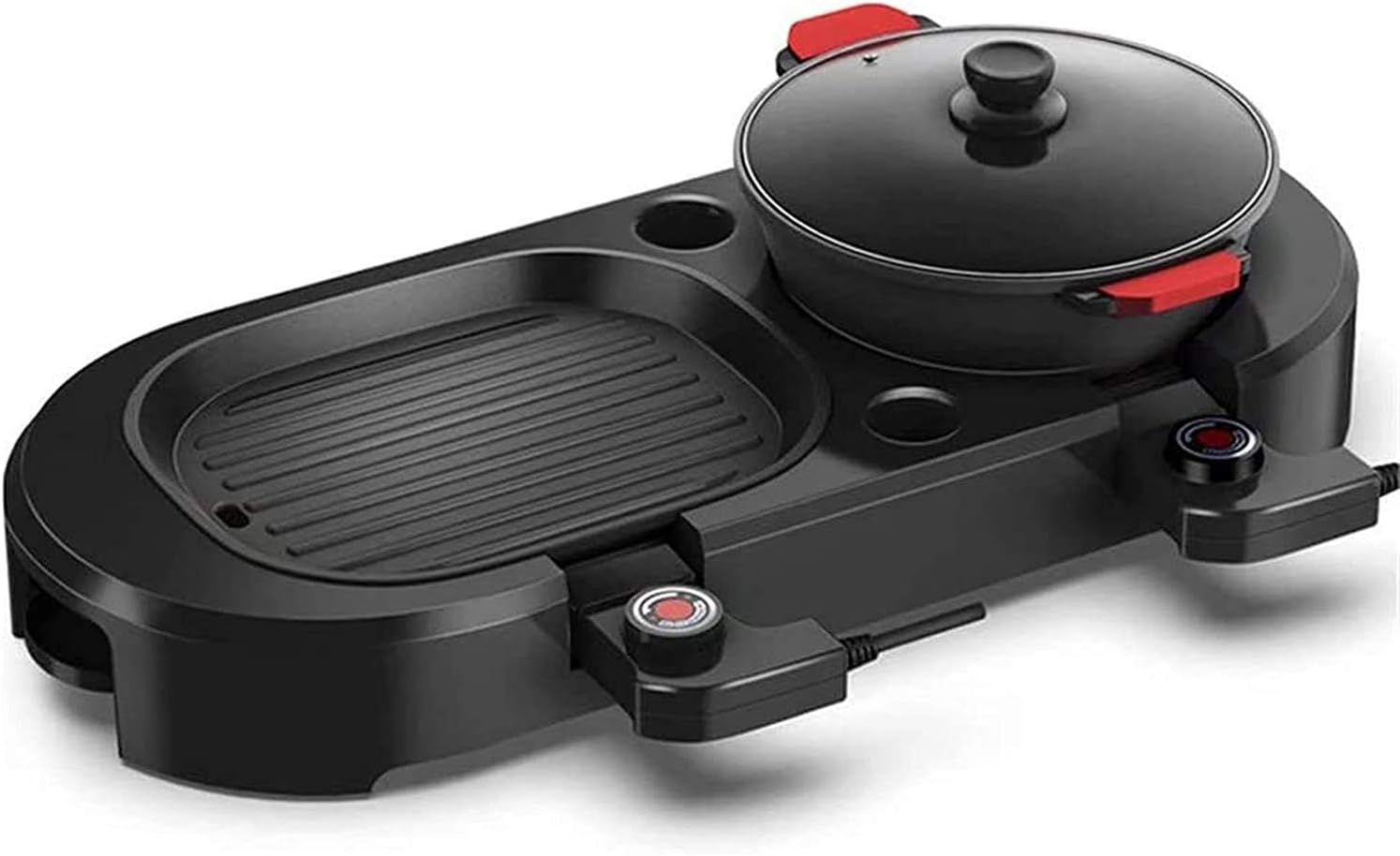 Olla Eléctrica BBQ 2 en 1 2200W con Parrilla y Tapa de Vidrio, 70x27cm, Negro