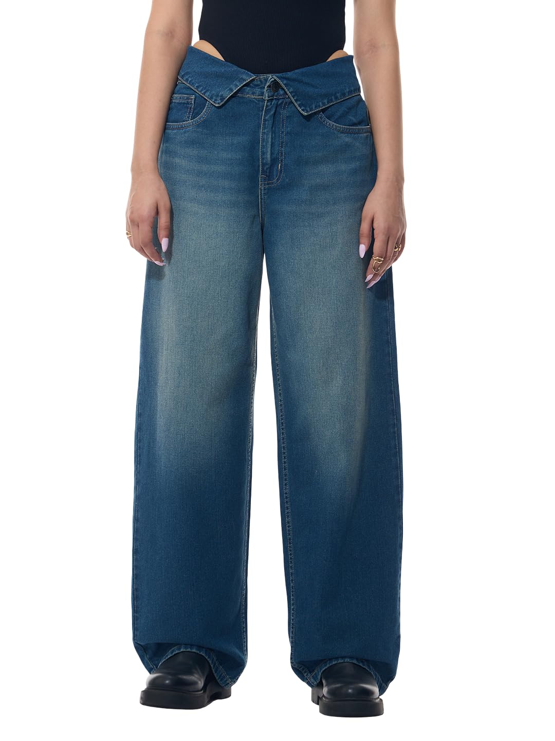 the souled store Baggy-Fit Denim: Blue Storm Women and Girls Zippered Fold-Over Cutout Waistband Medium Blue Washed Cotton Denim Lightweight Everyday All-Season Denim Jeans-picture-34