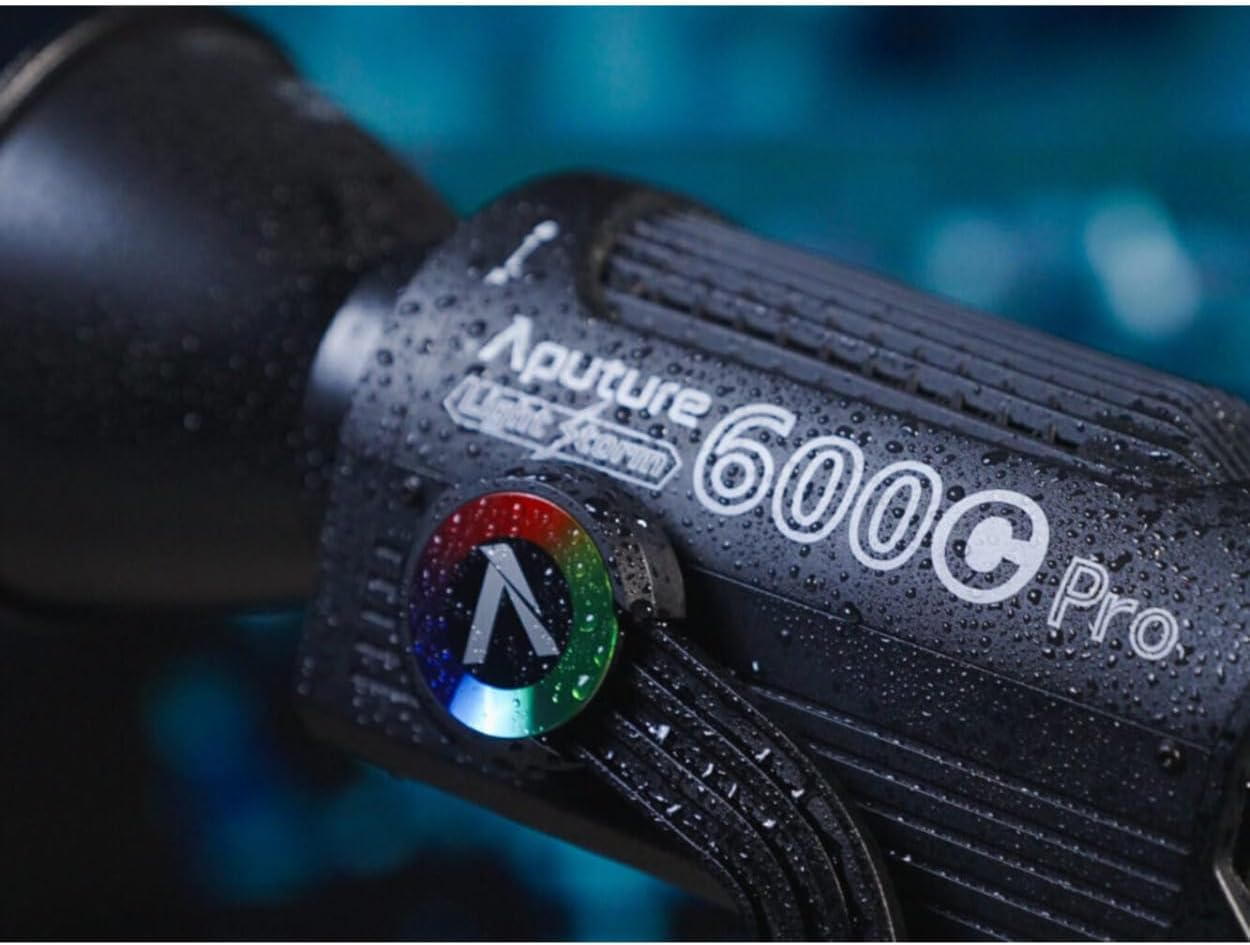 Aputure LS 600C PRO with water droplets, showing weather resistance