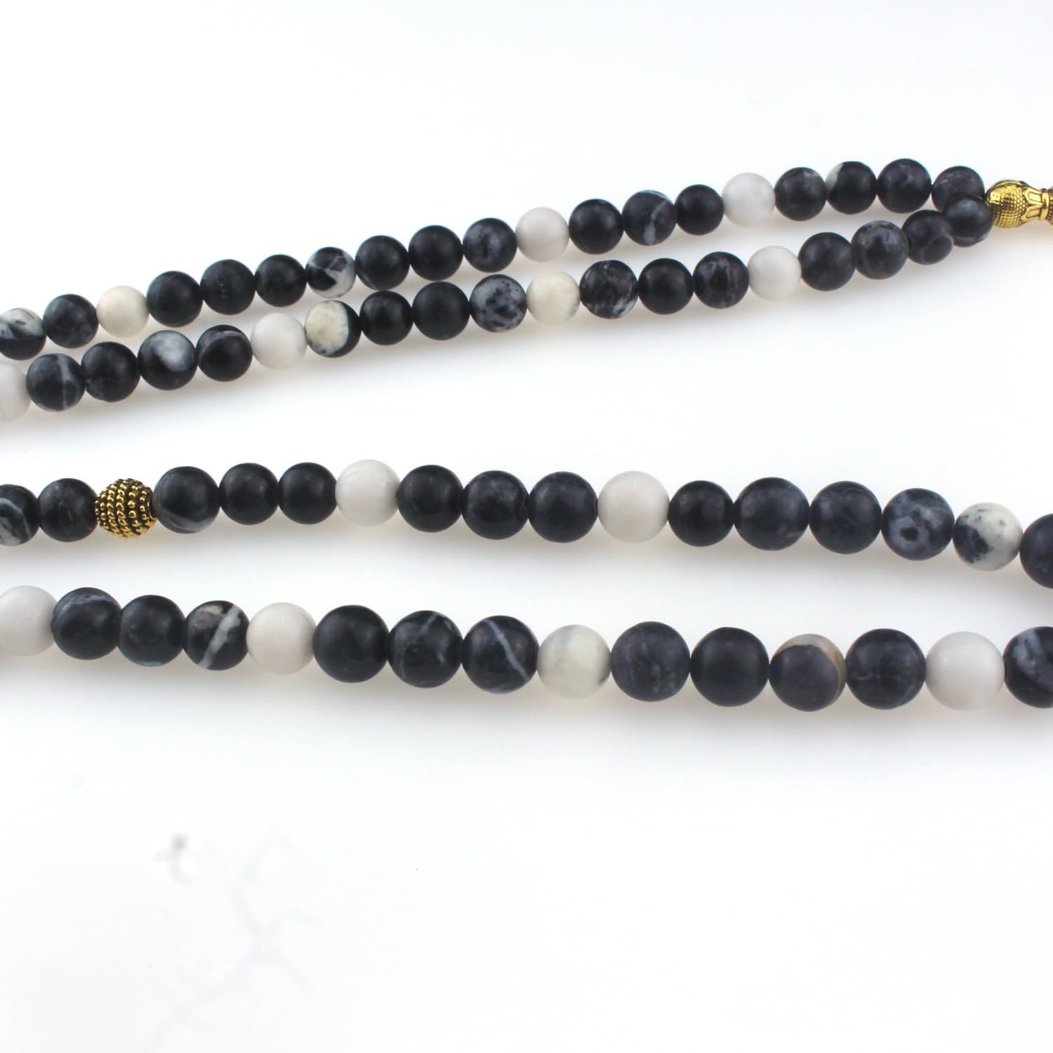 Muslims Islamic Dhikr 99 Tasbeeh Tasbih Prayer Beads, Black White Stone Beads with Tassel - Image 2