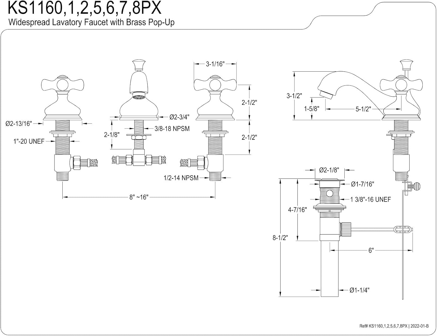 Kingston Brass KS1162PX Heritage Widespread Lavatory Faucet with Porcelain Cross Handle, Polished Brass,8-Inch Adjustable Center
