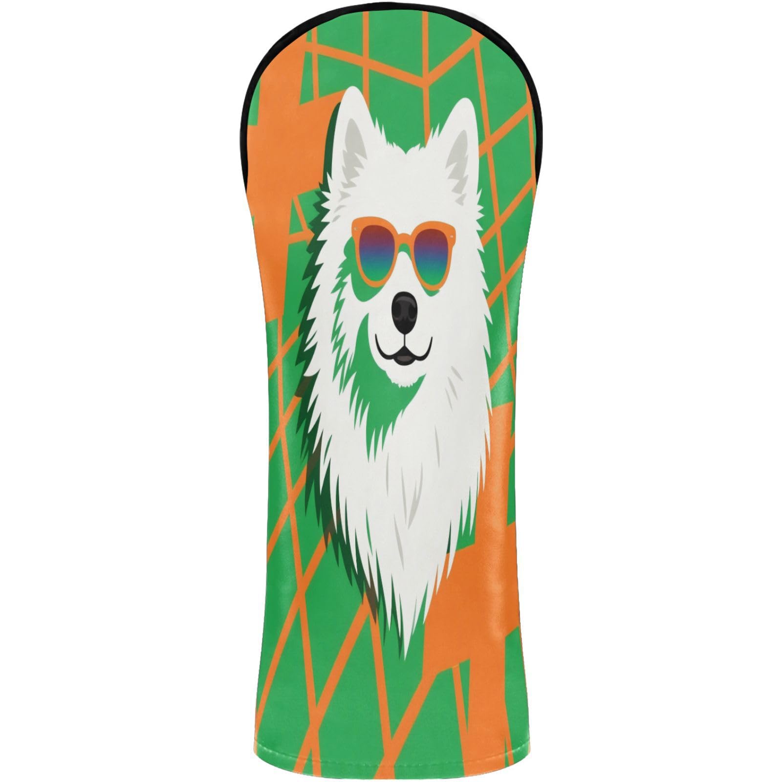Golf Club Head Cover Headcover with Interchangeable No. Tags for Woods and Driver Fairway Hybrid Green Checkered Background Samoyed Dog