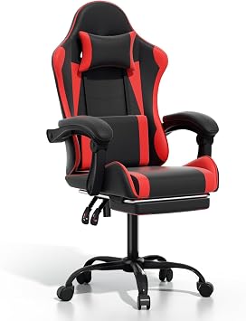 Gaming Chair, Ergonomic Computer Chairs with Arms, Lumbar Support, Footrest, Headrest 360Swivel Chair, Adjustable Back and Height, Leather PC Chairs for Gaming, Study, Office, Black/Red