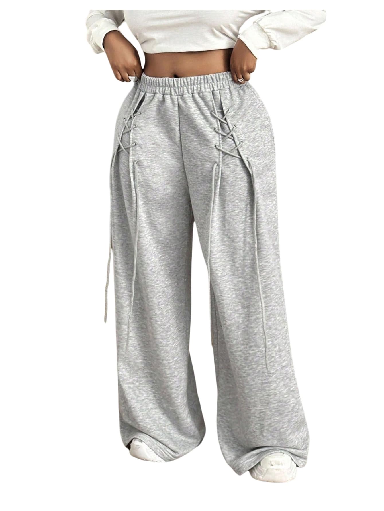 Floerns Womens Plus Size Elastic Waist Pants Lace Up Wide Leg Athletic Baggy Pants