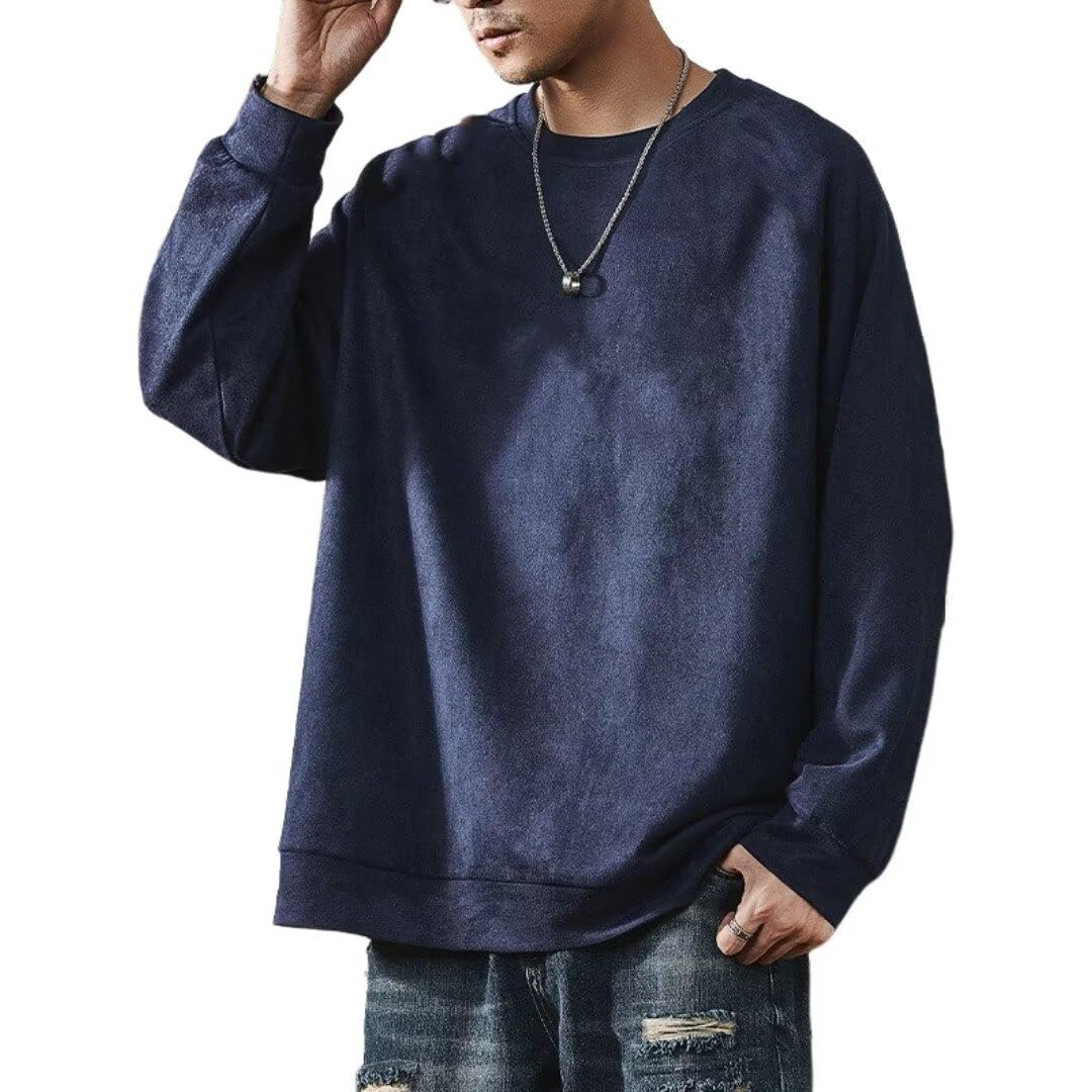 [Yeagio] メンズトレーナー 秋服 スエード ビッグシルエット 無地 トレーナー 大きいサイズ 長袖Tシャツ レトロ スウェット プルオーバー ゆったり カジュアル クールネック 冬服 春服 トップス